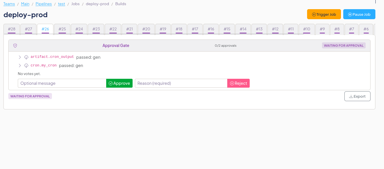 Approval gate UI with approve and reject buttons