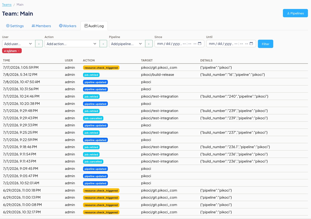 Audit log UI with filters